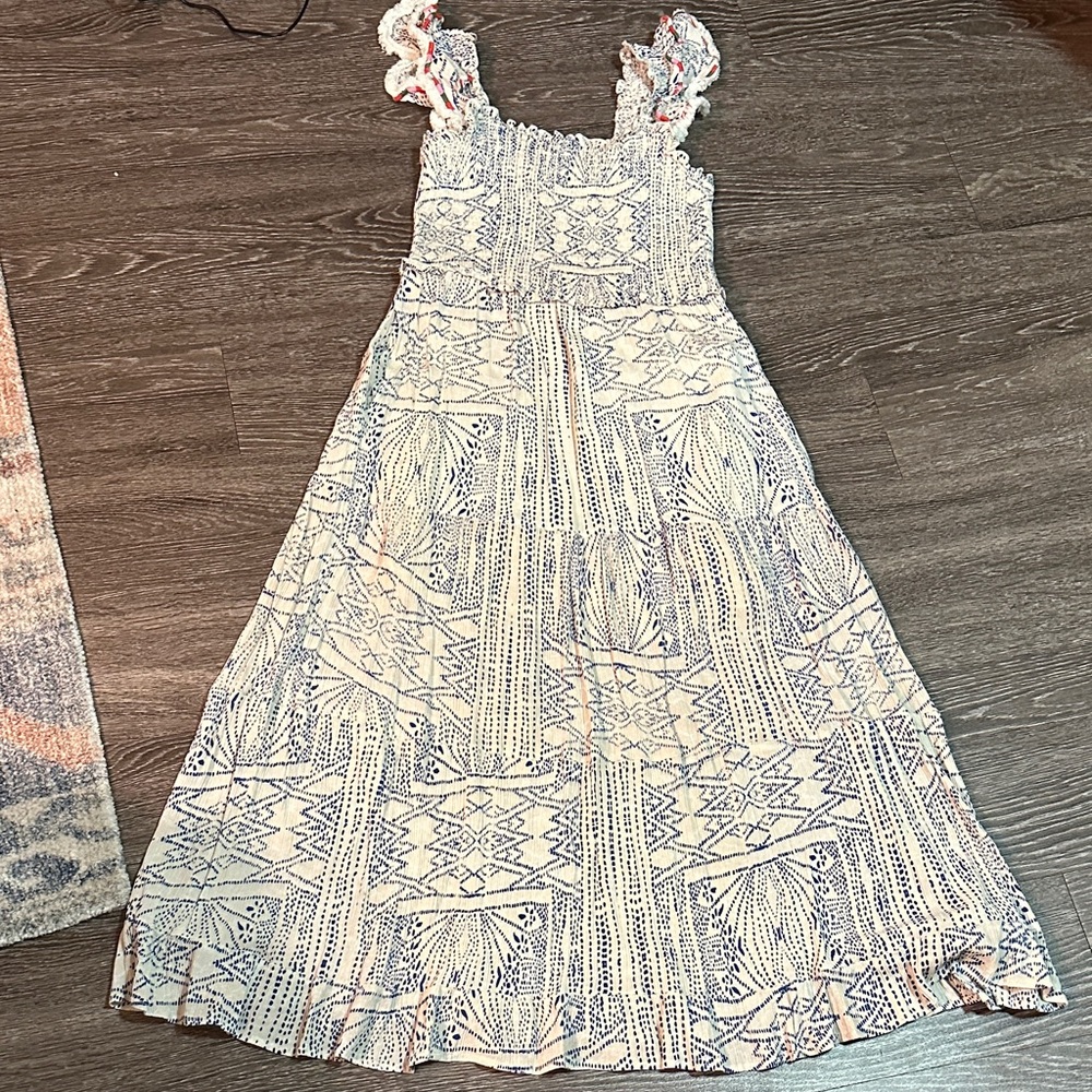 THML Cream Maxi Dress with Navy Geometric Print and Ruffle Straps